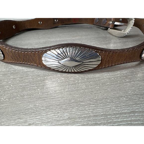 Justin Made in USA Brown Leather Belt Silver Tones Buckle and Concho Design 38” - Picture 5 of 7